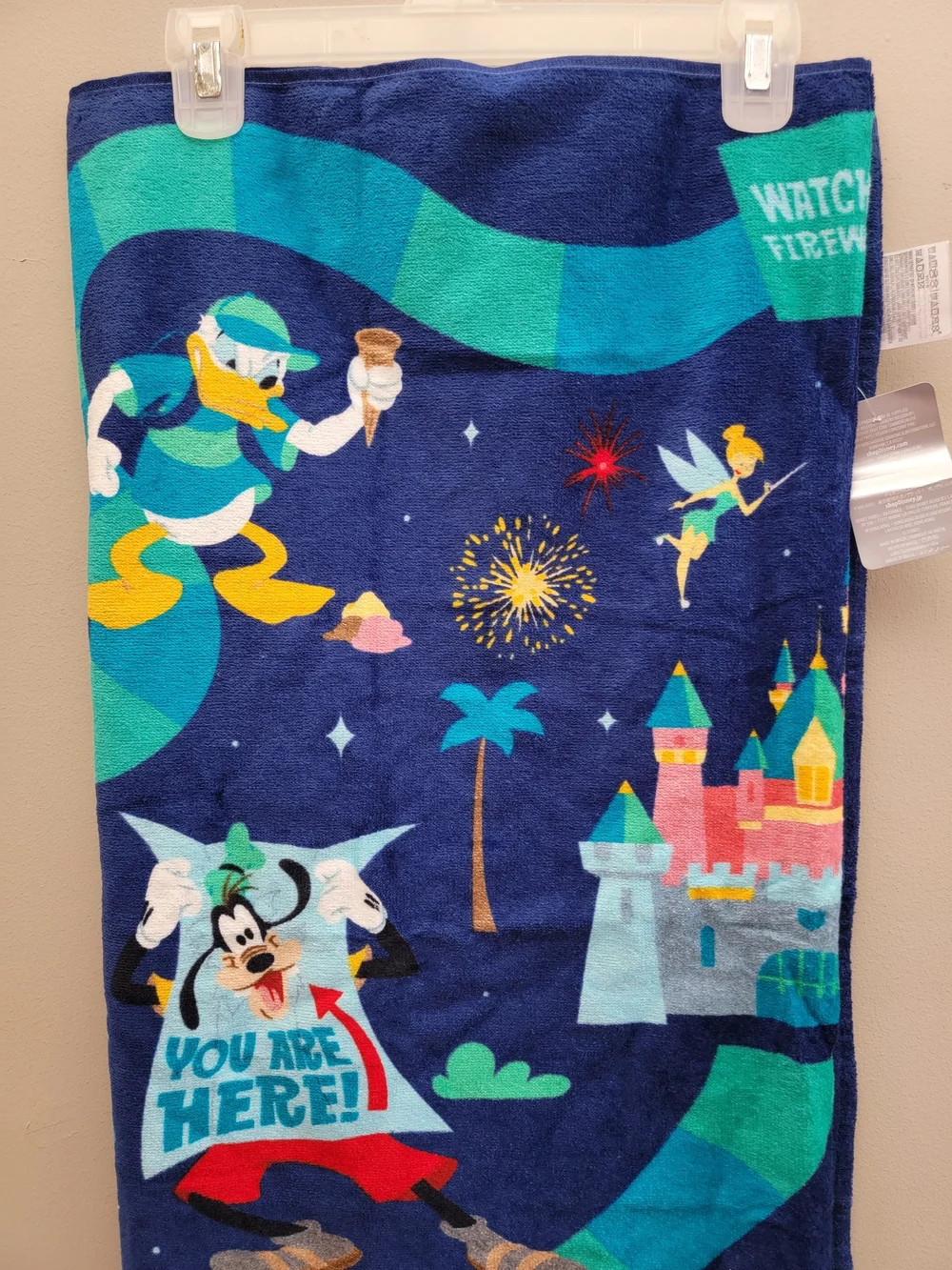 Disney Parks Beach Towel Navy Blue with Teal, Yellow & Pink Character Design